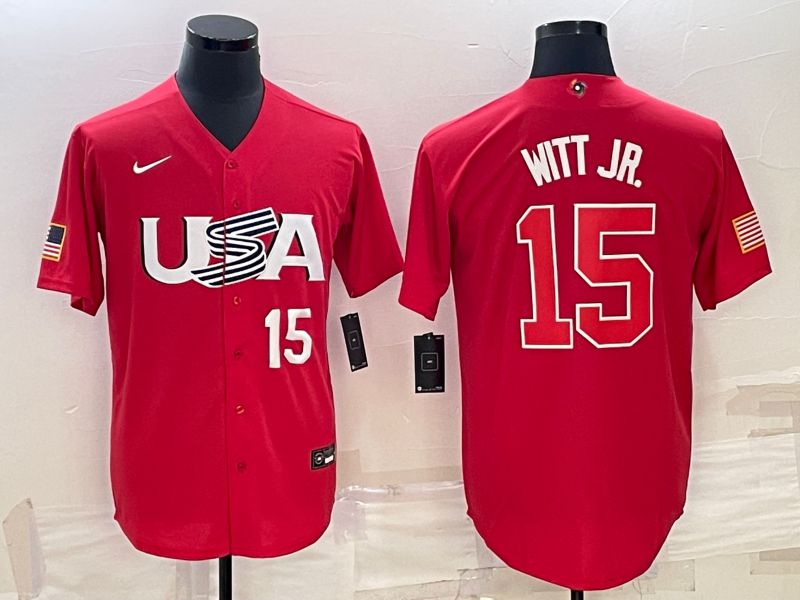 Men 2023 World Cub USA #15 Witt jr Red Nike MLB Jersey6